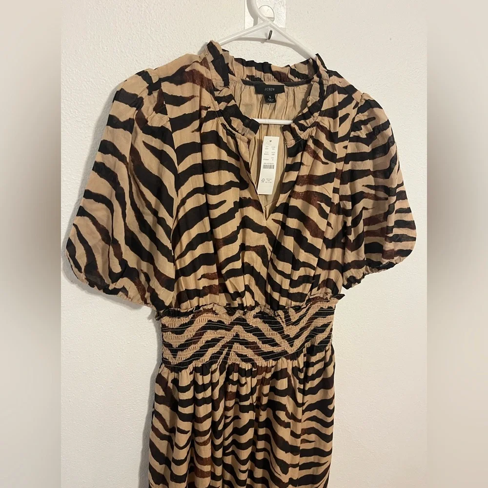 J. CREW Smocked Waist Cotton Voile Dress in Zebra Print Size Small NWT